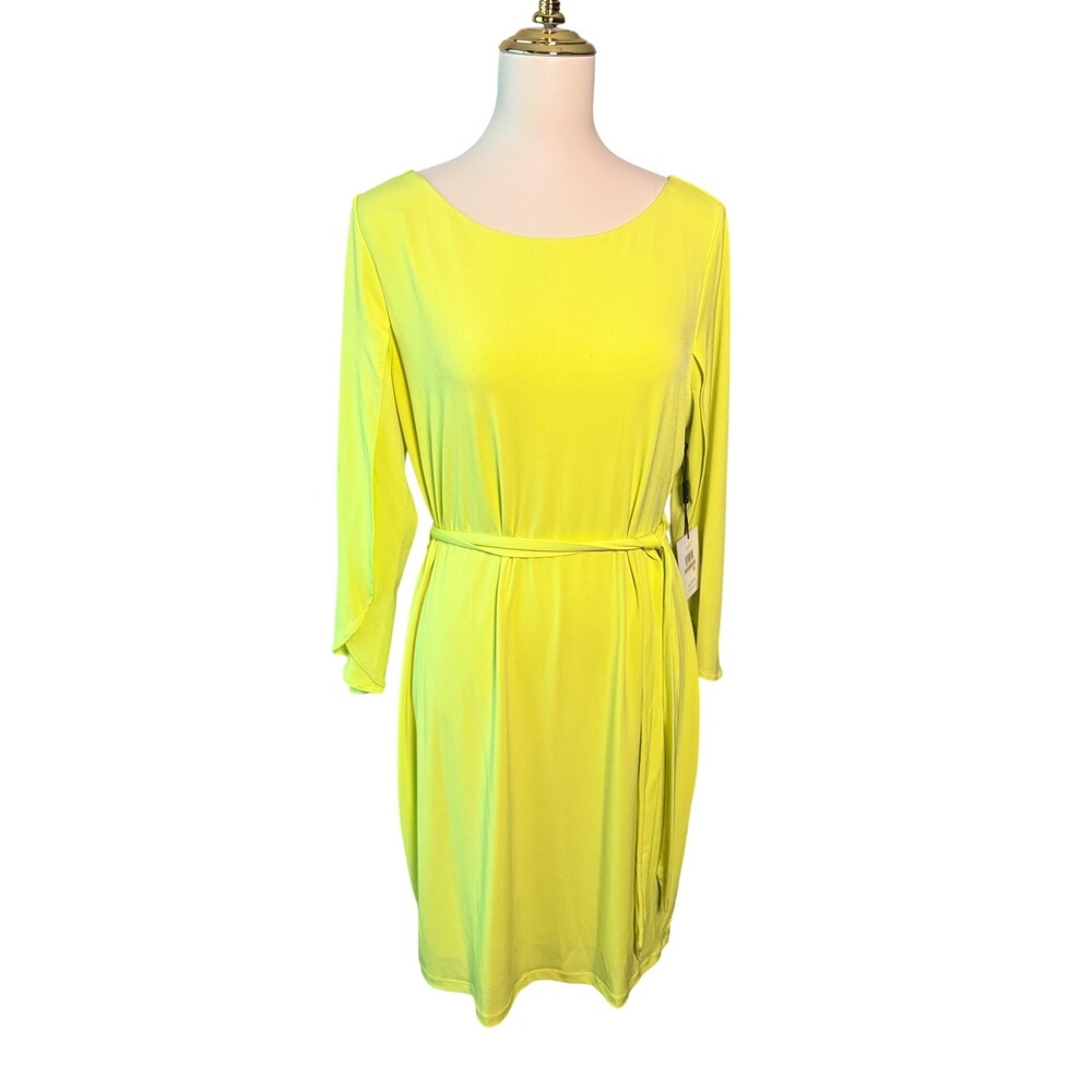 Calvin Klein Size 12 Citron Neon Yellow Belted 3/4 Sleeve Dress NWT